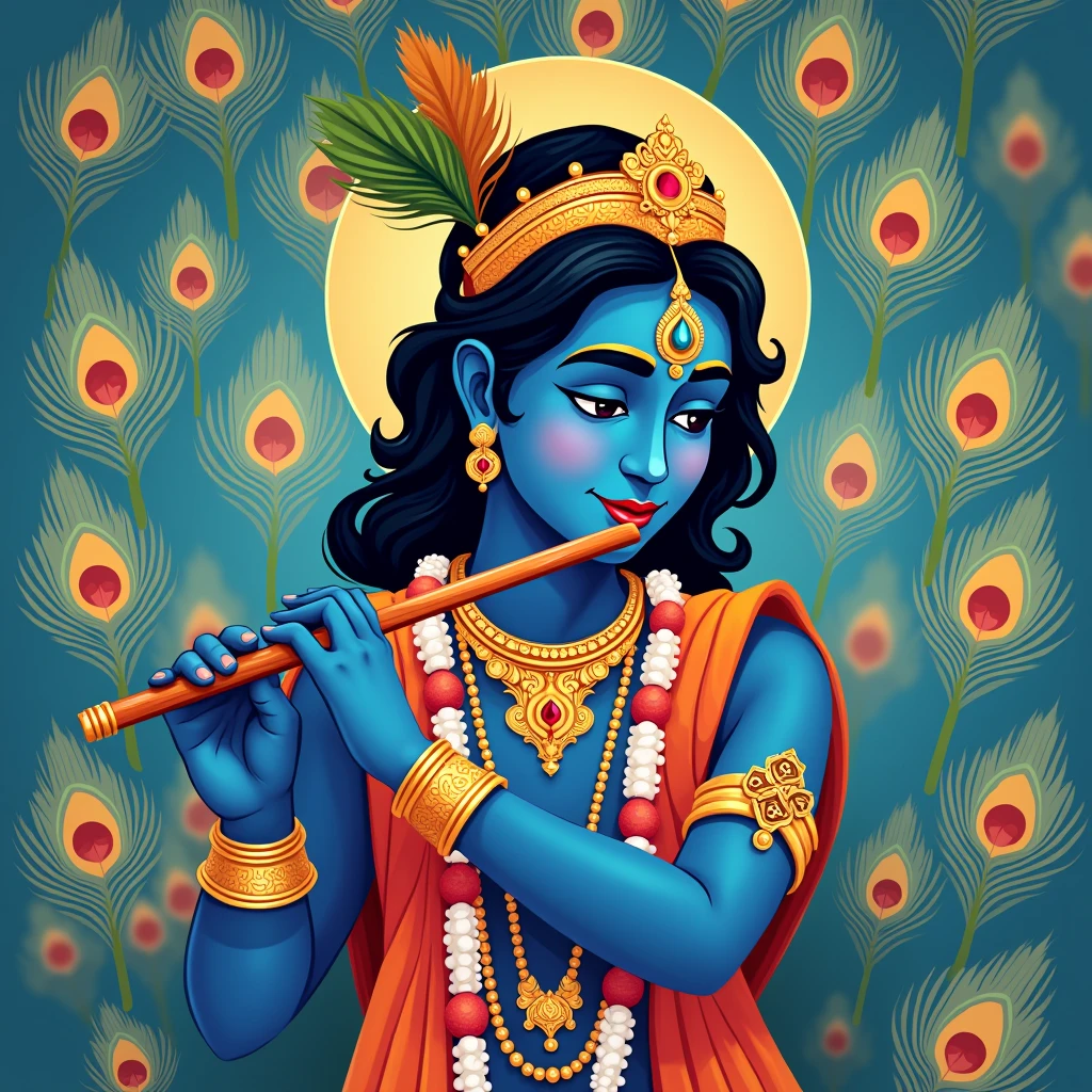 Flat Illustrate psd full image of Lord Krishna with peacock Feather , side by flute touch mouth with illustrated peacock Feather background