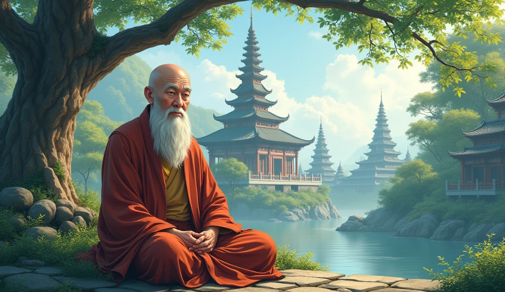 Chinese bald old monk, peaceful, surrounded by beautiful nature, temples, beautiful trees, wisdomfull, in anime style,