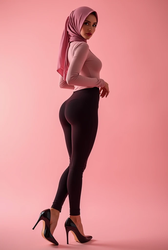 ((best quality)), hijab, high heels, sexy pose, leggings, Curves, pink, Blick haughtily,