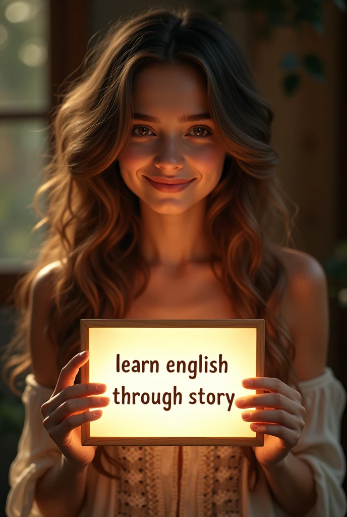 Beautiful girl with heart-warming smile and wavy long hair, bohemian dress, holding a white board with text "learn English Through Story" and showing it to the viewer, the board is glowing with  the text.