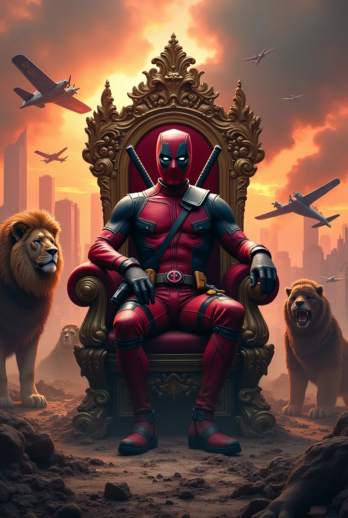 Dead pool sitting throne in smoking background standing lion and dragon and war planes crash sunset in newyork building top