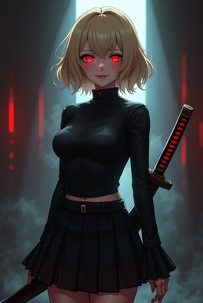 The image is anime style with shadows and dim lights, anime style although somewhat adult and dark, It shows a female android in a black latex suit and a kind of very short skirt., who looks to be 20 years old, She has short wavy blonde hair, smiles maliciously, while walking holding in his hands a single huge katana at his side. He has crimson red eyes. is beautiful, but he seems like a psychopath