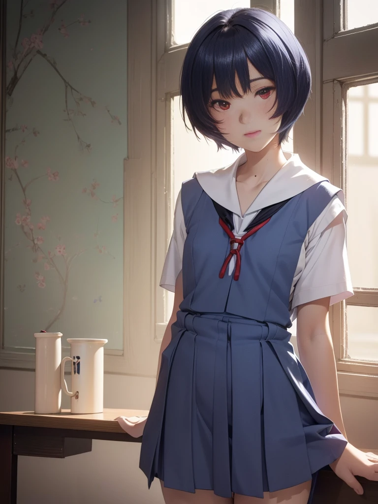 (Tabletop, Highest quality, Very detailed, 8k, wallpaper, Realistic), ((Perfect hands)), ((Perfect Anatomy)), in the abandoned building、, ((Rei Ayanami)), ((dense indigo short hair)),Beautiful detailed face、A kind smile、Look at the viewers、 ((Bright red eyes)), ((Junior High School Uniform:1.5))、(Plain white panties:1.0), ((Medium Shot))