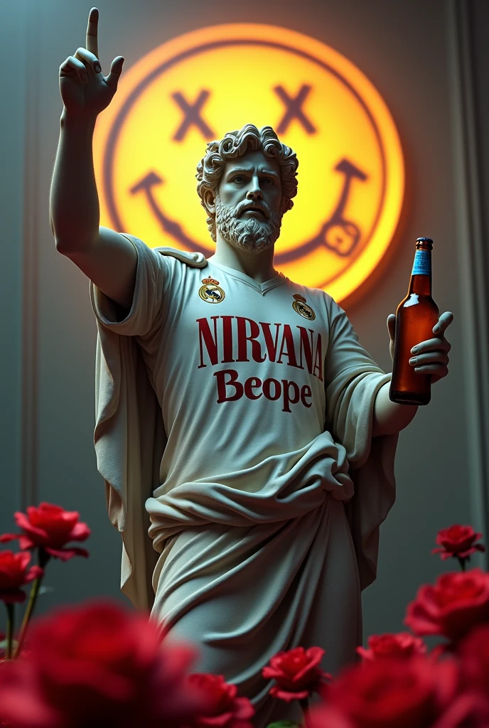 More Red roses and thorn, roman statue wearing realmadrid jersey showing middle finger with a beer bottle watching sport in his grave.. backgrown nirvana symbol light