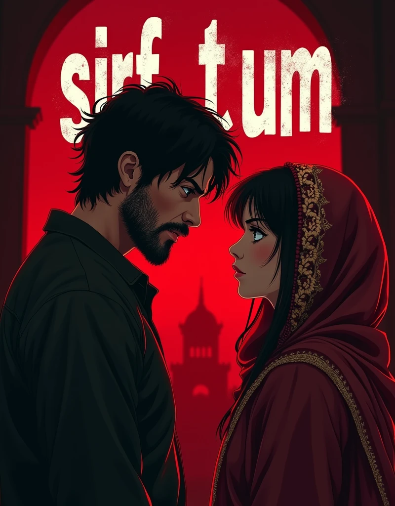 Create a anime style landscape Poster image. Dramatic movie poster featuring two individuals in an intense, close-up moment. The layout is vertical with the CAPITAL title '(SIRF TUM)' prominently displayed at the top in bold, distressed white text with a slight shadow effect. The background is a deep red gradient, adding to the dramatic effect. The male on the left has medium-length, tousled hair, a thick beard, and a serious expression, wearing a light-colored shirt. The female on the right has fair skin, dark hair, and is wearing a traditional, intricately embroidered headscarf with floral patterns. Both characters are gazing into each other's eyes, creating a sense of tension and emotion. The background features a dimly lit architectural structure, adding depth to the scene. 4k, UHD, ULTRA HIGH QUALITY, FULL HD.