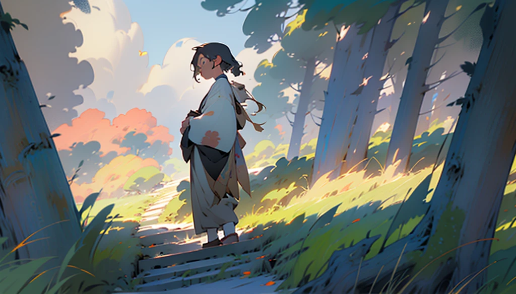 ((detailed anime style masterpiece)), sunset, park in tokyo, a top view to a Ghibli style, a bench in a park, people walking around, beautiful evening atmosphere, beautiful trees and grass, detailed pleasant clouds, several birds in the air, also leaves falling from trees, (best quality,4k,8k,highres,masterpiece:1.2), detailed grass, detailed clouds, detailed birds, detailed falling leaves, muted colors, warm lighting, golden hour

