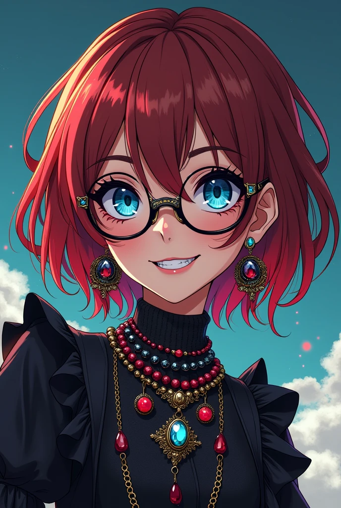 put in a freaky cool goth girl with short red and brown hair, glasses an a big grin, blue eye color, wearing VIVIENNE WESTWOOD jewelry and fashion in anime style