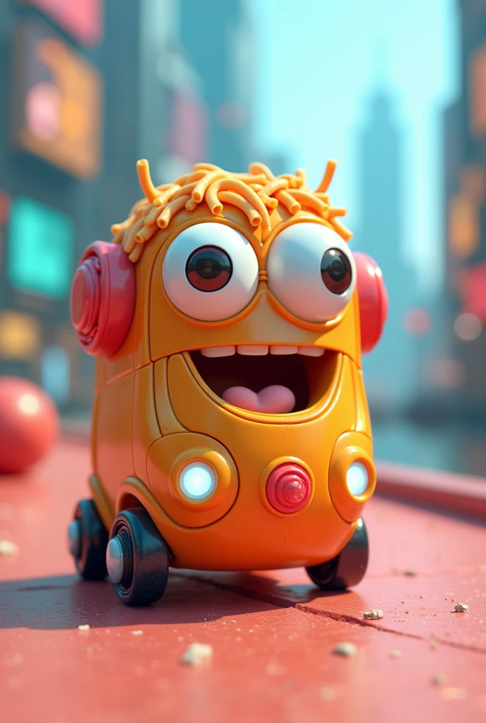 hint Art sci-fi cyberpunk British bus, Pasta color, cute cartoon disney style, Q-Version Character Design, toy design, Figure, big eyes. [scene] background, polymer material, 3d, C4D, FGP, Engine of Illusions 5, Octane rendering, noise reduction details, realistic texture, movie, White Marble Resin Art, high resolution stone wall painting, Billion Pixels, color selection, decoration, improve --v 5.1 --raw style-  