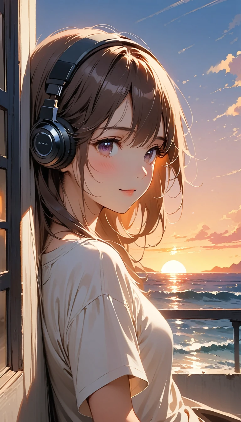 「A girl sitting by a window overlooking the sunset and waves。She puts on headphones、Wearing a T-shirt、Drinking coffee while feeling sleepy。The soft light of the setting sun gently illuminates her face、The shadows add a light accent to the cheeks.。Her eyes are half closed、With a gentle smile、It creates a relaxed atmosphere。Immersed in music、A pleasant breeze gently sways my hair、Outside the window, you can see the beautiful purple and orange gradation of the sunset and the waves.、Ghibli-style scenery spreads out before you。--ar 4:3」