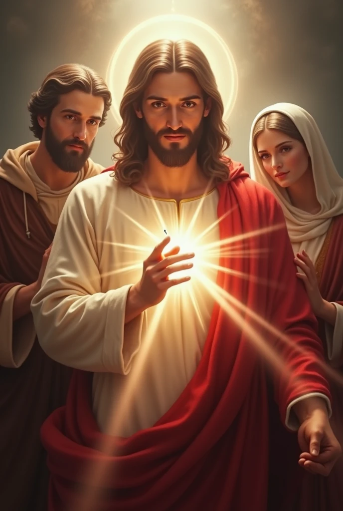 (photorealism:1.2) divine mercy with red and white rays and nail marks on hand with mother Mary and joseph