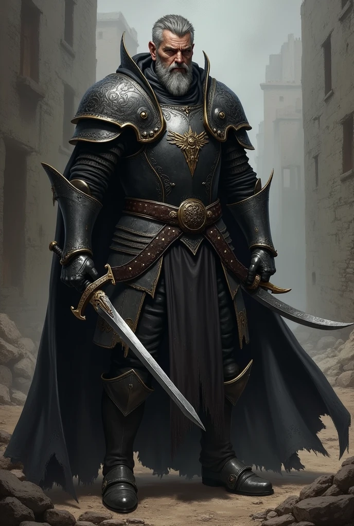 A visual depiction of Grim Havel, the ruthless leader of the Iron Talons mercenary band, set in a dark fantasy Renaissance Era theme. Grim Havel is shown as an imposing figure, standing at 6'3" with a broad, muscular build. His face is weathered and scarred, most notably with a deep scar running from his left temple down to his jawline. His eyes are a cold, piercing gray, filled with a calculating and malevolent intellect. His hair is short and streaked with gray, matching his battle-hardened appearance. He wears blackened steel armor adorned with the emblem of the Iron Talons—a black talon slashing across a blood-red field. Over his armor, he wears a long, dark cloak that adds to his intimidating presence. Havel holds a longsword in one hand and a curved dagger in the other, both of which are clearly well-used and deadly. The background suggests a grim battlefield or a dark, war-torn city, emphasizing his role as a fearsome and ruthless commander. The depiction should be in a realistic, high-detail oil painting style, capturing the menacing and powerful aura of Grim Havel.