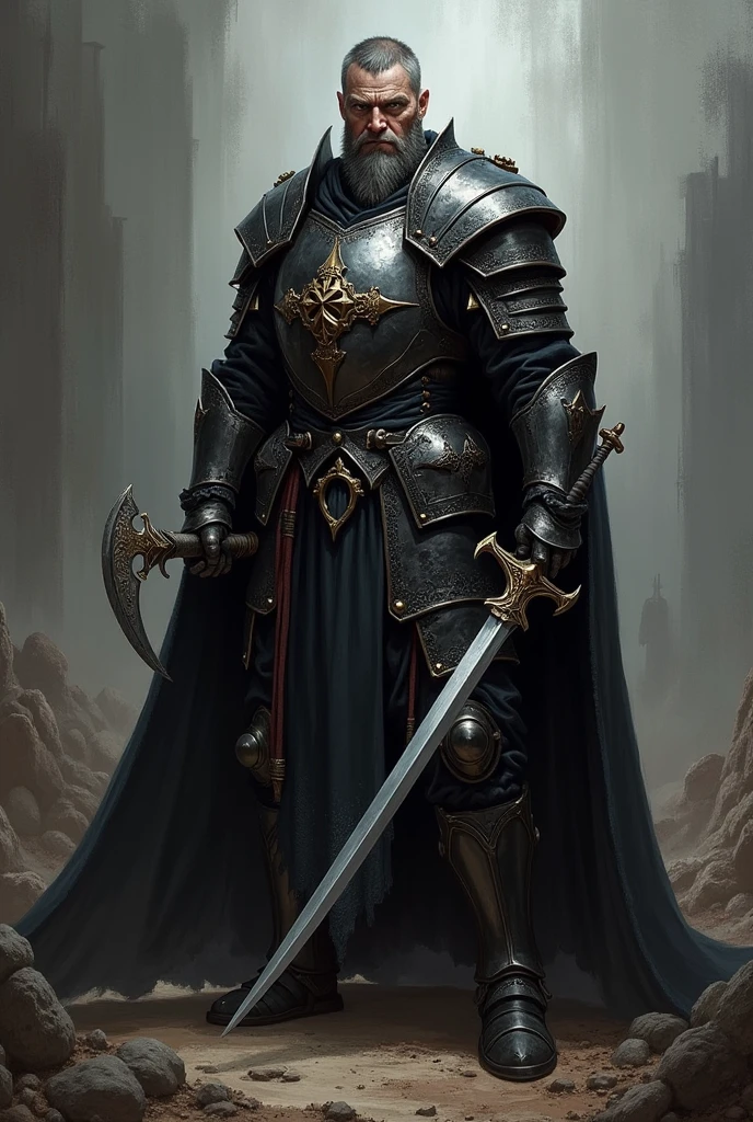 A visual depiction of Grim Havel, the ruthless leader of the Iron Talons mercenary band, set in a dark fantasy Renaissance Era theme. Grim Havel is shown as an imposing figure, standing at 6'3" with a broad, muscular build. His face is weathered and scarred, most notably with a deep scar running from his left temple down to his jawline. His eyes are a cold, piercing gray, filled with a calculating and malevolent intellect. His hair is short and streaked with gray, matching his battle-hardened appearance. He wears blackened steel armor adorned with the emblem of the Iron Talons—a black talon slashing across a blood-red field. Over his armor, he wears a long, dark cloak that adds to his intimidating presence. Havel holds a longsword in one hand and a curved dagger in the other, both of which are clearly well-used and deadly. The background suggests a grim battlefield or a dark, war-torn city, emphasizing his role as a fearsome and ruthless commander. The depiction should be in a realistic, high-detail oil painting style, capturing the menacing and powerful aura of Grim Havel.