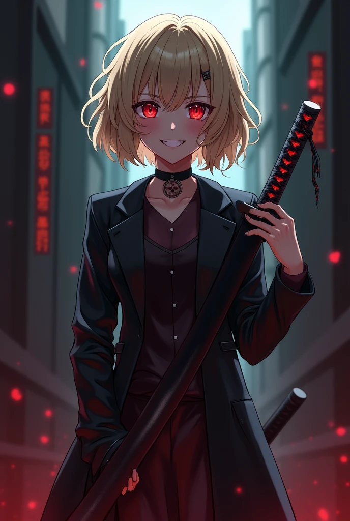 The image is anime style with shadows and dim lights, anime style although somewhat adult and dark, It shows a female android, who looks to be 20 years old, She has short wavy blonde hair, smiles maliciously, while walking holding in his hands a huge katana at his side. He has crimson red eyes. is beautiful, but he seems like a psychopath