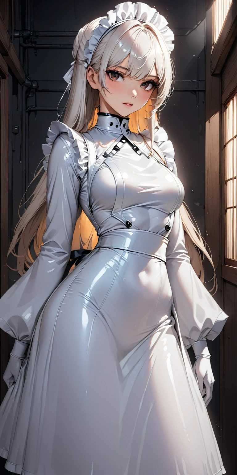 Portraiture、(masterpiece,Highest quality,Ultra-high resolution),Japanese women, (((A very beautiful 25 year old))),(White latex maid outfit)、(White latex long skirt)、(A long-sleeved white latex shirt covering the upper body)、White latex long gloves、White latex socks、Latex bodysuit、The clothes fit snugly to the body、Latex is very shiny、Dark Room、