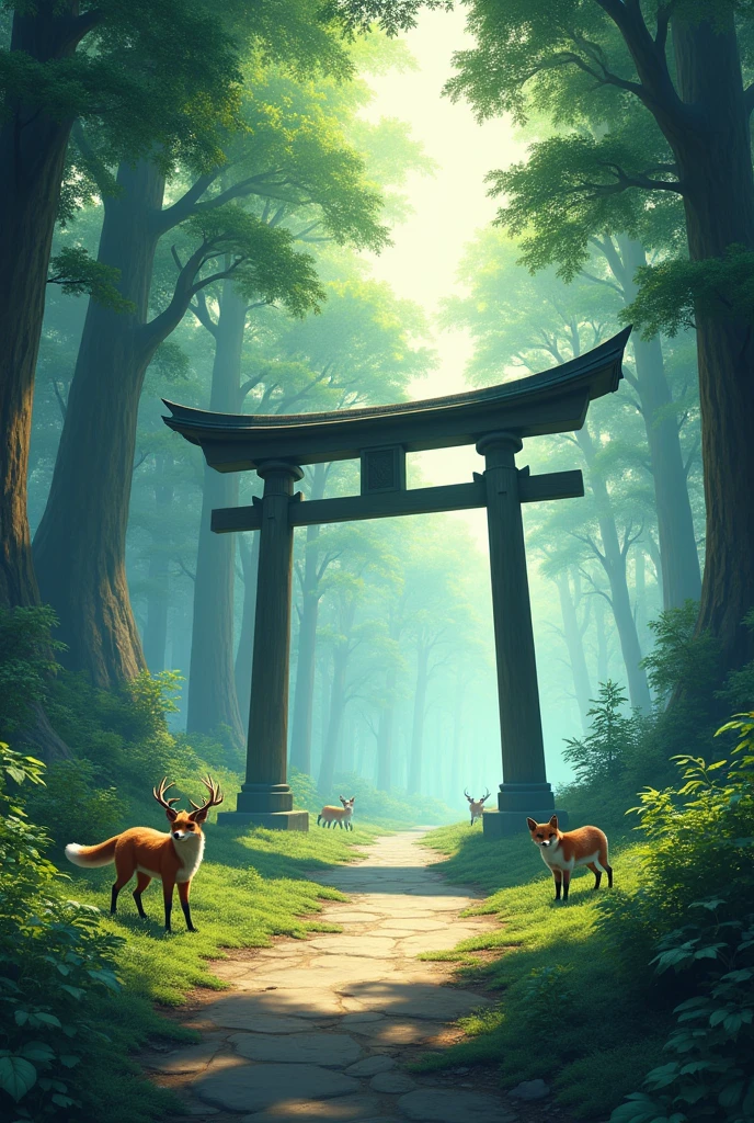 (photorealism:1.2), Japanese landscape, tori arches and animals, lonely and without people around, a magical place like genshin impact. 