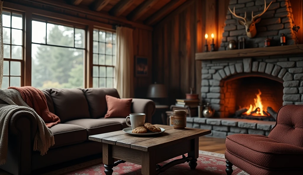 traveller's lodge, living room interior design, cozy dark brown couch with quilt blankets, fire place, deer head decorations, hunter's gun, warm coffee on table and cookies, dark, vintage, clutters, rusty, wide shot, realistic, cinematic, night time, cool tones, hyper realistic