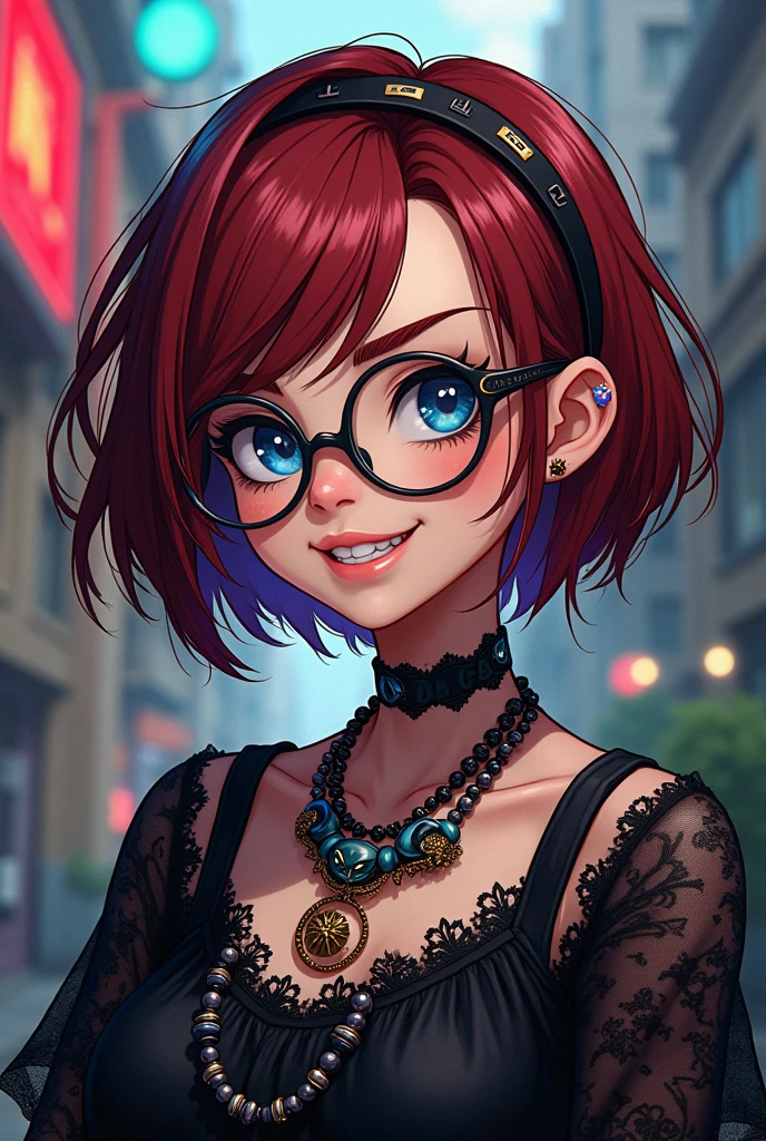 put in a freaky cool goth girl with short red and brown hair, glasses an a big grin, blue eye color, wearing VIVIENNE WESTWOOD jewelry and fashion in anime style