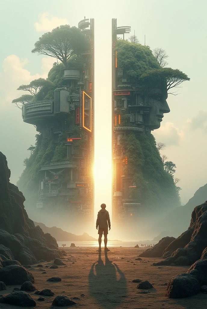 photoillustration of double exposure of split vertically oftwo different tones paradox world, 1futuristic civilization, 1primitive civilization, (transparency effect:0.5), symmetrical vertical cut ((vertical half cut:1.5))seamless split, texture and pattern, ((transparency effect:0.5)), iconic scenery stance, (detailed:1.5) wrapped around blue-smoke, dramatic shadows, dramatic lights, interlacing elements, fantasy art, two tones, two basic_tones, very_long horizons, opposite-opponent digital manipulated photo art, hyper-realistic, ultra-detailed, crisp clarity, high-contrast, overexposure, luminous ambiance, rich textures, intricate patterns, vivid colors, cinematic lighting, photorealistic, a man standing exact in the middle, accurate dimension proportions.