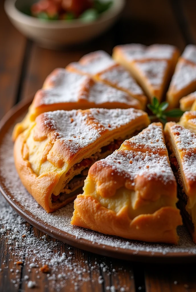 Moroccan Pastilla - A sweet and savory pie made with layers of thin pastry, filled with spiced meat (usually pigeon or chicken) and dusted with powdered sugar and cinnamon.