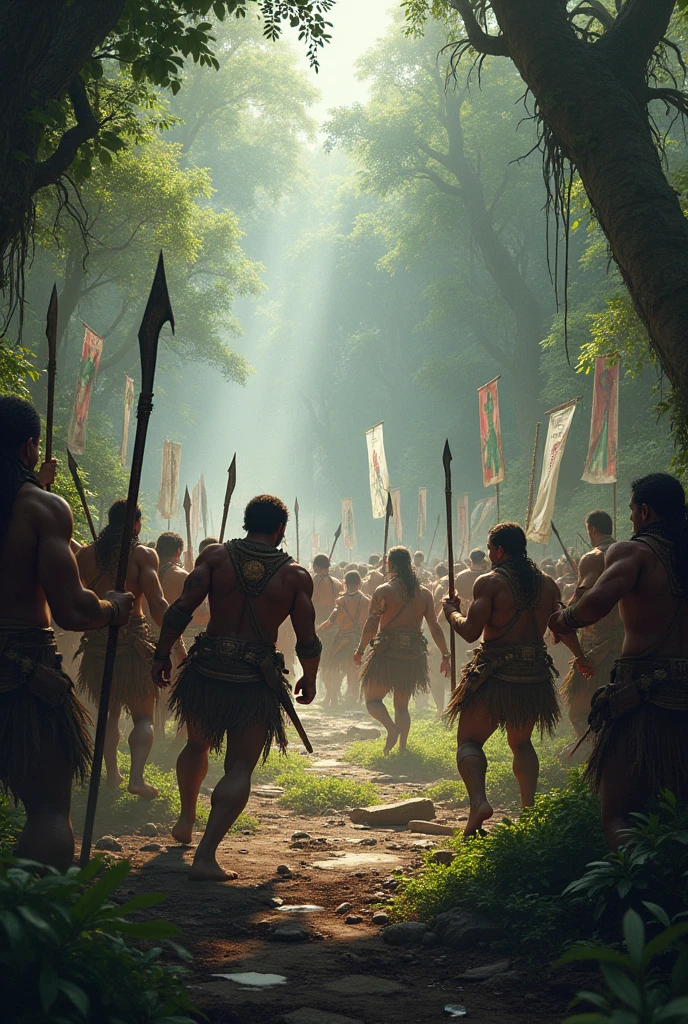 30 men fighting 5 enemies in ancient battle field in jungle