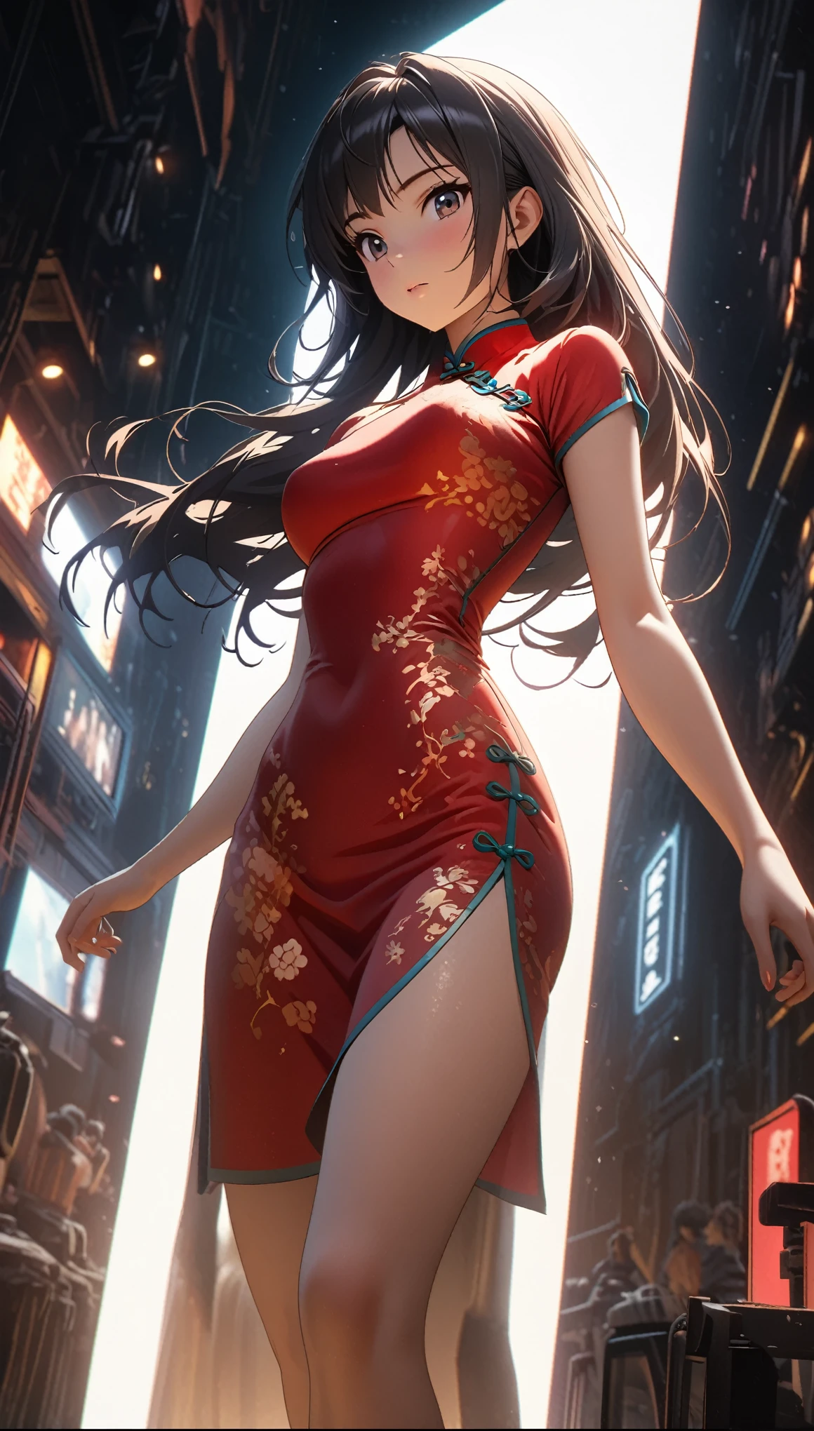 Cheongsam Girl，Long Hair，Pure white background，Depth of written boundary，Low angle view，Calf Level View，Overclocked Renderer，Cinema Lighting，Ultra-fine，Very detailed，complicated，Cinematic Perspective，CG Art，