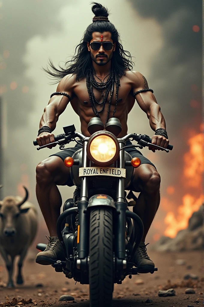 Lord shiva with sunglasses sitting on royal Enfield with muscular body with a destructive background nandi behend