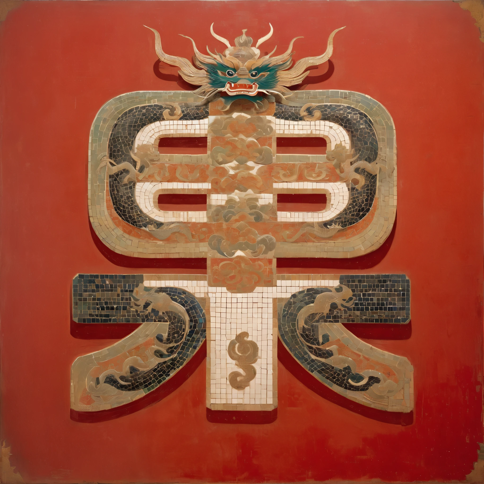 A dragon on a red background,There is a cut panel in the background, Japanese Art Museum, Dark white and light brown, Elegant and balanced, Standard collection, song huizong, Song Dynasty, Mosaic, Flat composition