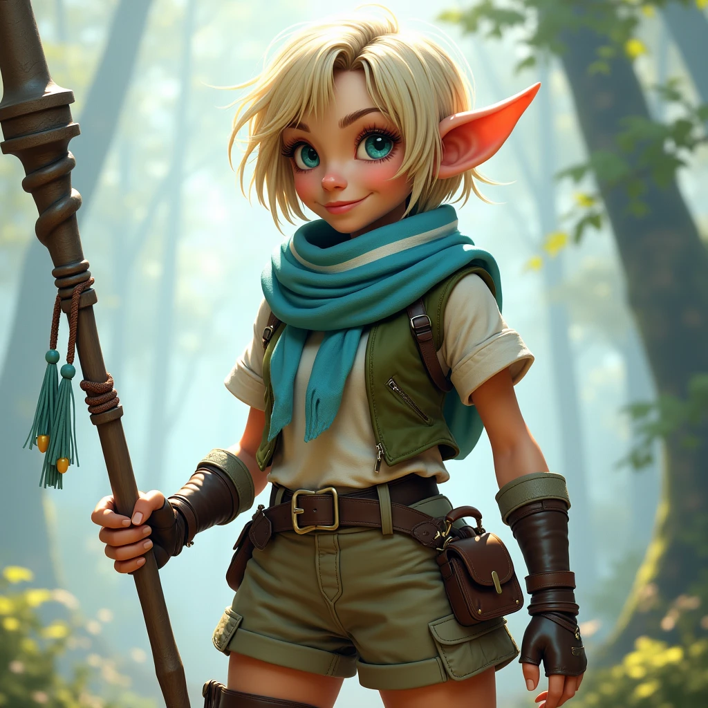 (best quality,4k,8k,highres,masterpiece:1.2),ultra-detailed, 1woman, female gnome, short blond hair, blue eyes, light blue scarf with white stripes, khaki cargo shorts, green vest, wielding an orbstaff, short woman, small woman, HDR, 8k, absurdres, cinestill 800, sharp focus, add_detail:2, photorealistic, (solo, woman)