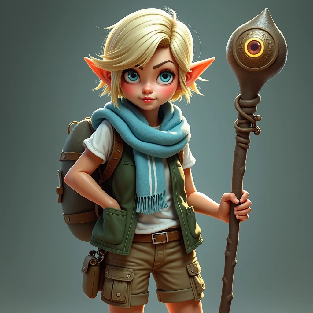 (best quality,4k,8k,highres,masterpiece:1.2),ultra-detailed, 1woman, female gnome, short blond hair, blue eyes, light blue scarf with white stripes, khaki cargo shorts, green vest, wielding an orbstaff, short woman, small woman, HDR, 8k, absurdres, cinestill 800, sharp focus, add_detail:2, photorealistic, (solo, woman)