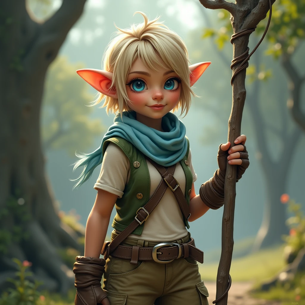 (best quality,4k,8k,highres,masterpiece:1.2),ultra-detailed, 1woman, female gnome, short blond hair, blue eyes, light blue scarf with white stripes, khaki cargo shorts, green vest, wielding an orbstaff, short woman, small woman, HDR, 8k, absurdres, cinestill 800, sharp focus, add_detail:2, photorealistic, (solo, woman)
