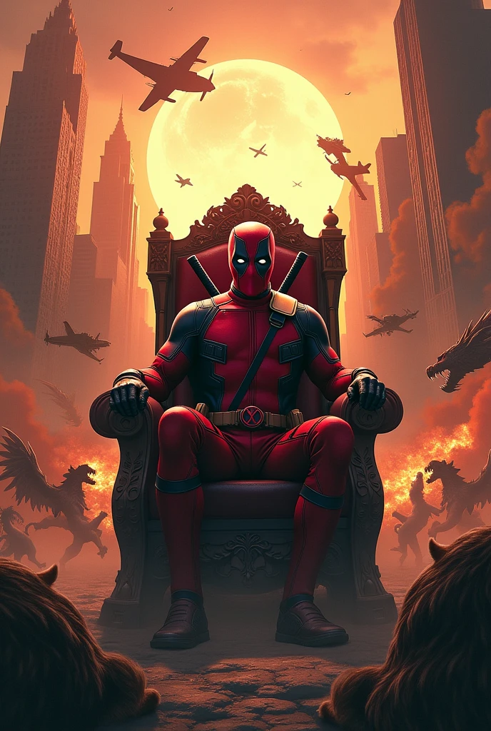 Dead pool sitting throne in smoking background standing lion and dragon and war planes crash sunset in newyork building top all marvel heroes kneel down