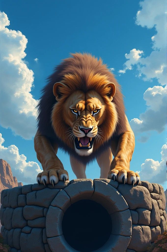 Un lion furieux regardant dans un puits profond sous un ciel bleu