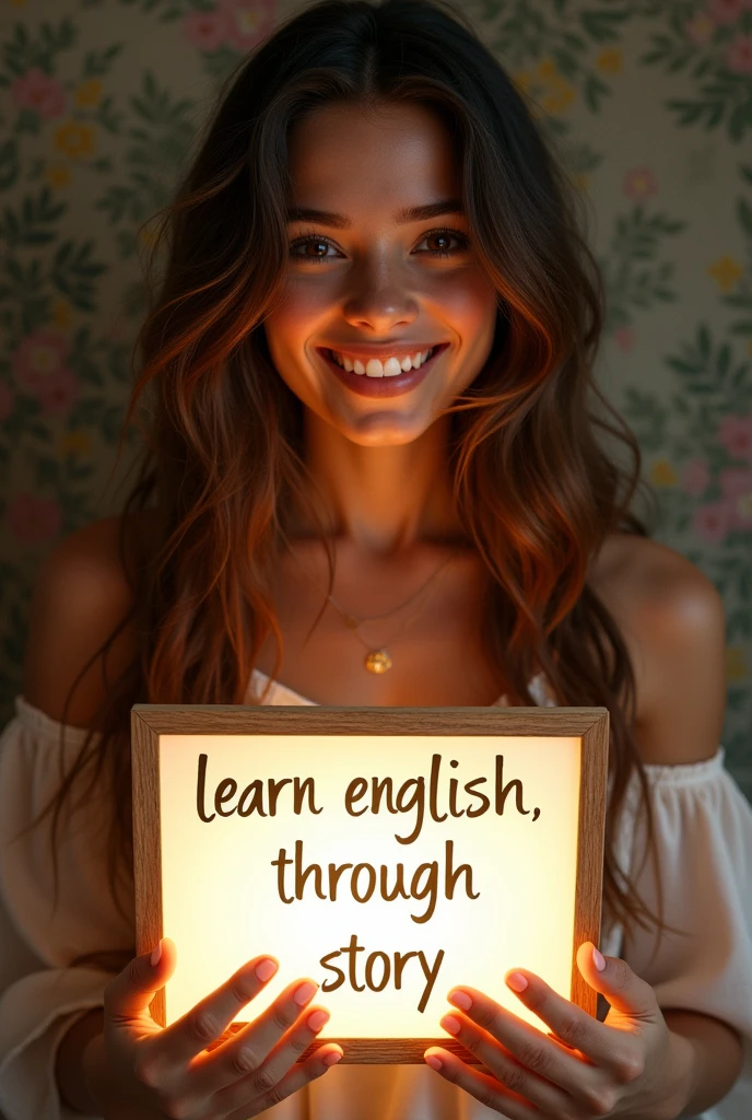 Beautiful girl with heart-warming smile and wavy long hair, bohemian dress, holding a white board with text "learn English Through Story" and showing it to the viewer, the board is glowing with the text.
