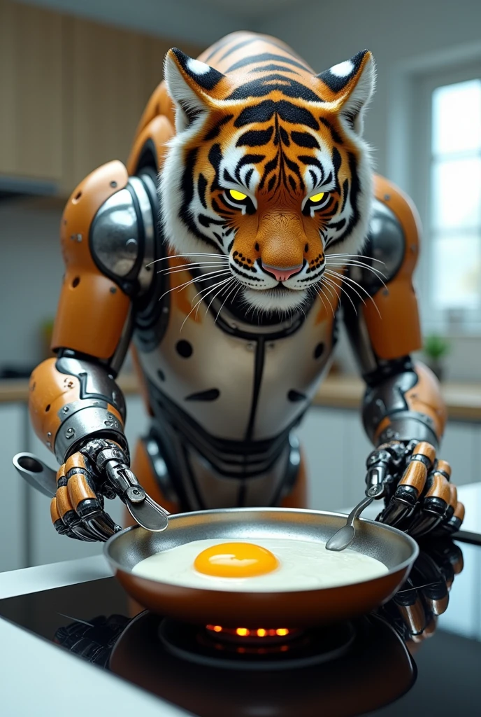 robot tiger cooks eggs