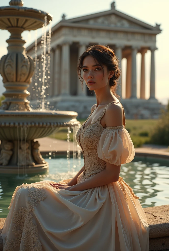 In an ancient Greek temple, a maid dressed in European attire sits by the fountain in front of the temple