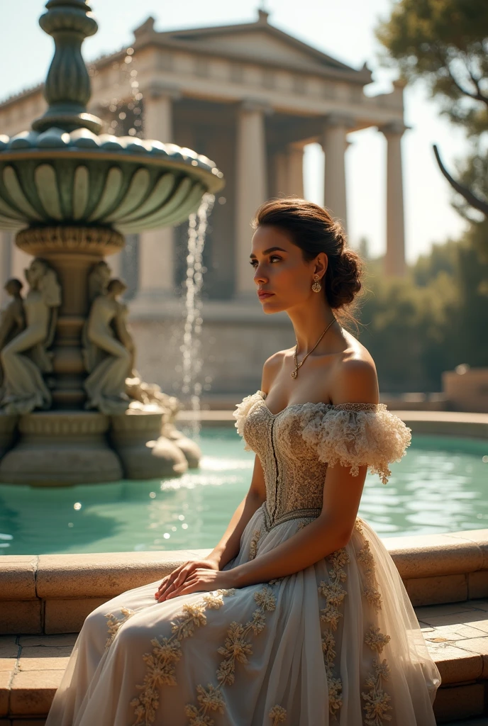 In an ancient Greek temple, a maid dressed in European attire sits by the fountain in front of the temple