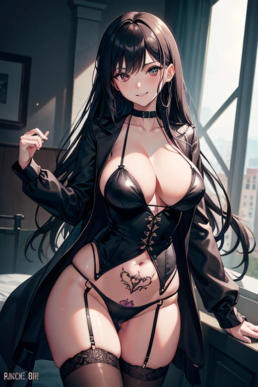 Top quality, Masterpiece, Ultra HD, RAW photography, shiny skin, wet body, dramatic lighting, dutch angle, {{black tentacles, too many tentacles}}, 1girl, breasts , seductive_smile, garter_straps, looking_at_viewer, upward_glance, show_off_cleavage, bedroom_eyes, underwear, thighhighs, panties, large_breasts, jacket, black_panties, black corset, solo, long_sleeves, black_hair, long_hair, garter_belt, black_jacket, bangs, cowboy_shot, black_legwear, black_lchoker, open_clothes, grin, leaning_forward, black_eyes, thighs, grey_eyes, bikini, thigh_gap, hand on own thigh, pubic tattoo, glowing pink tattoo,