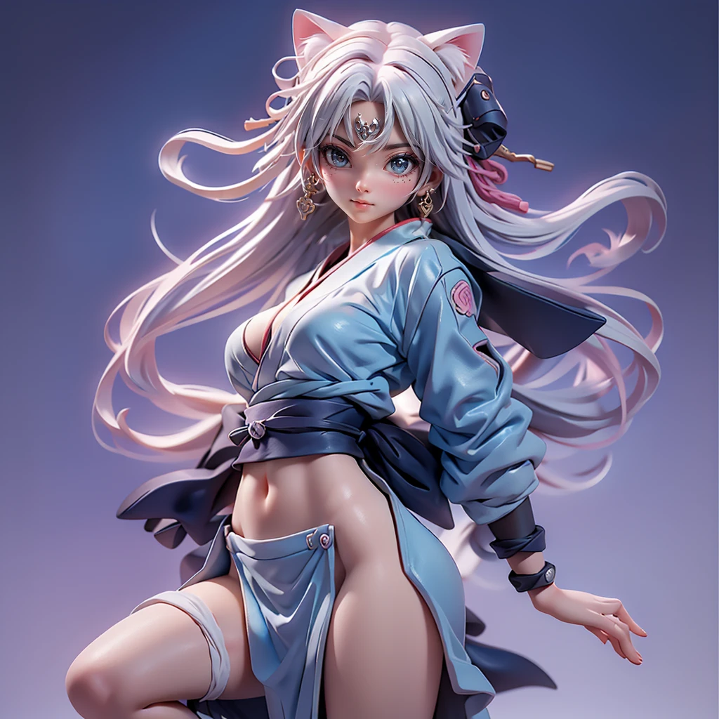 Moisturized Skin, (blue eyes), Realistic body, (Adult female body), Energetic,3DCG, front, Low - Angle,Pink lipstick, (Beautiful belly button), (Silver Hair), ((Cat ear)), Beautiful Hair, (Hatake Kakashi's clothes: 1.3), ((masterpiece + Highest quality + High resolution + Very detailed)), (whole body: 1.2), Jump down and land, A Japanese sword slung diagonally across his back,