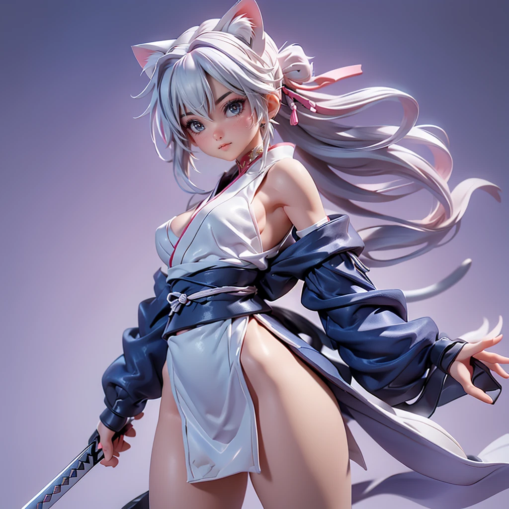 Moisturized Skin, (blue eyes), Realistic body, (Adult female body), Energetic,3DCG, front, Low - Angle,Pink lipstick, (Beautiful belly button), (Silver Hair), ((Cat ear)), Beautiful Hair, (Hatake Kakashi's clothes: 1.3), ((masterpiece + Highest quality + High resolution + Very detailed)), (whole body: 1.2), Jump down and land, A Japanese sword slung diagonally across his back,