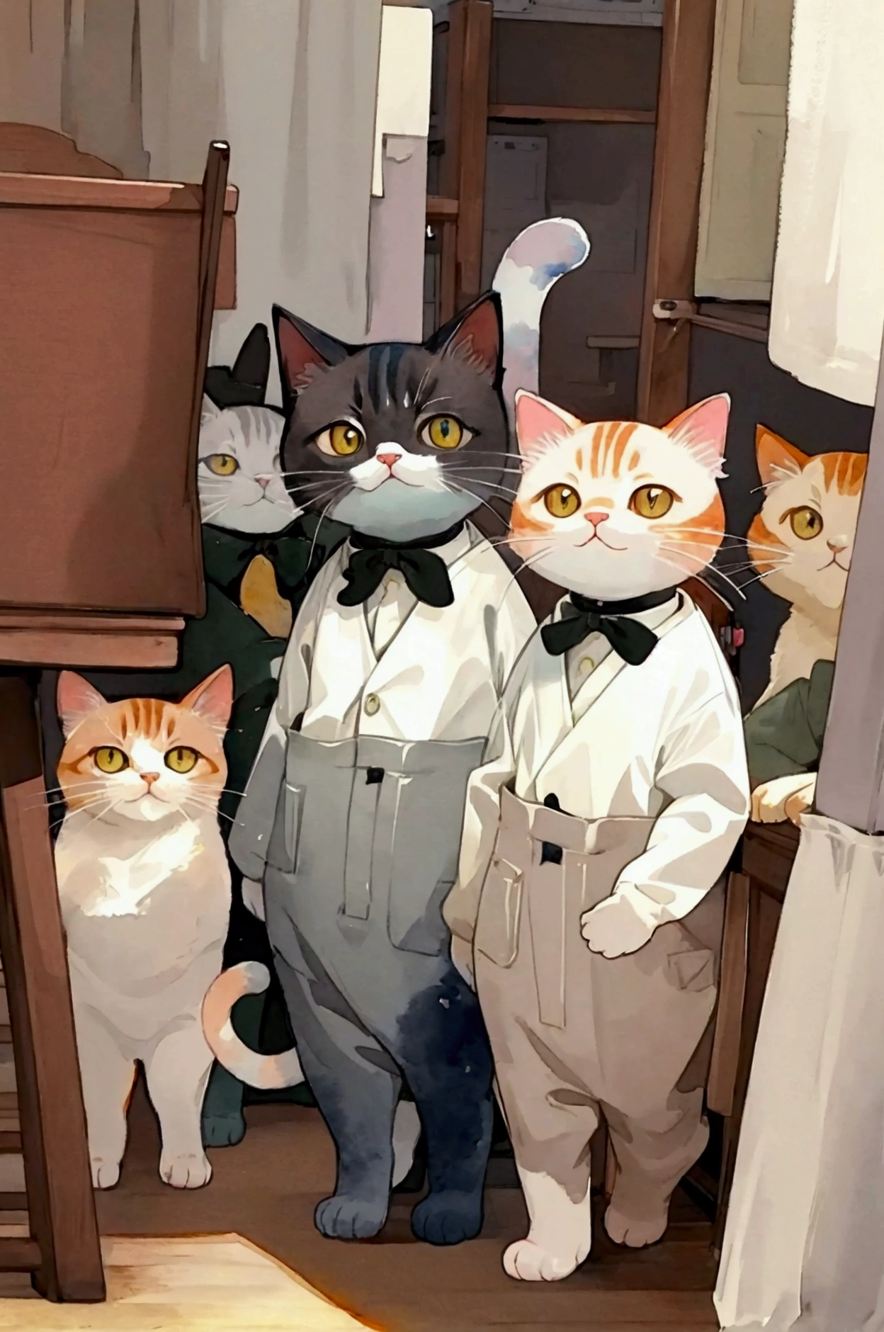 Watercolor style,cat in clothes,A group of anthropomorphic cats are in class, learning how to use AI