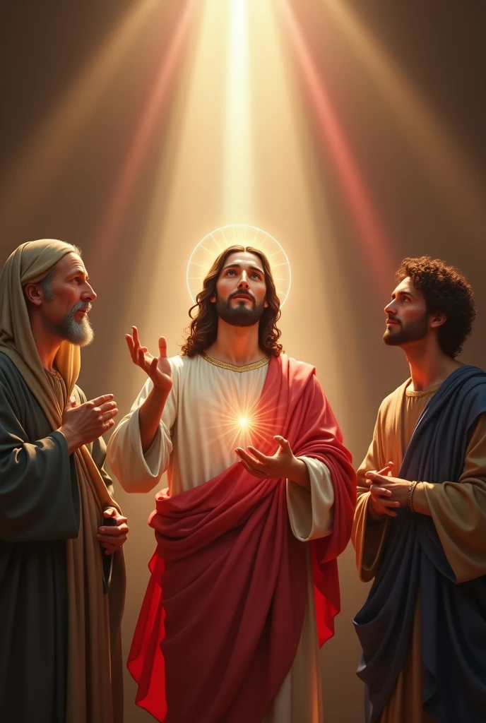 (photorealism:1.2) divine mercy with red and white rays and nail marks on hand with mother Mary and joseph