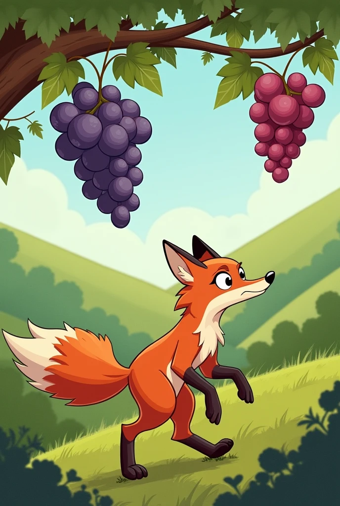 "With a dismissive snort, the fox mutters to himself, 'They're probably sour anyway,' and walks away, leaving the grapes behind."