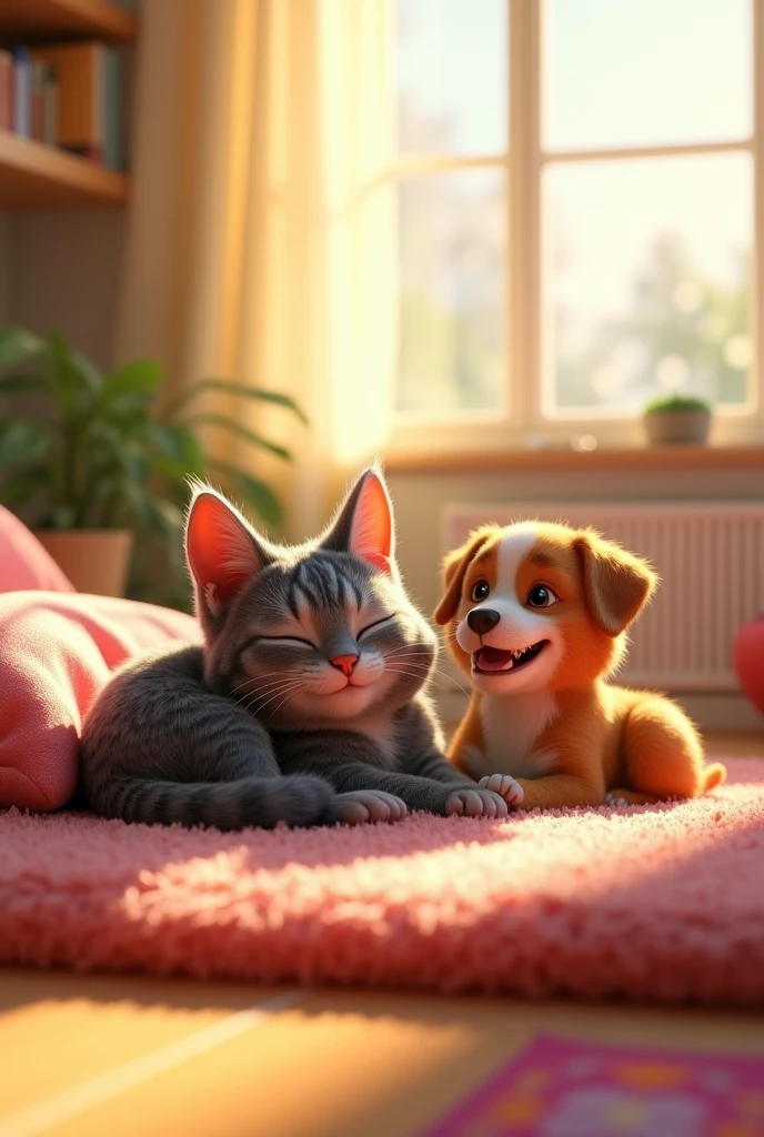 With a 3d Pixar Animation,A happy gray tabby cat lying on a soft bed with the  by a sunlit window in a cozy, colorful living room.
 "The  should be sits nearby the cat in the picture, smiling, while sunlight fills the room with warmth."