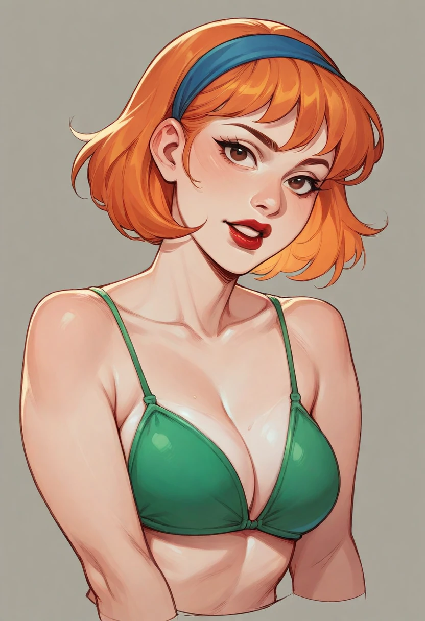 white female with short orange hair and blue headband in her hair, long mouth, Full red lips and big brown eyes with a thin fluorescent pear green bikini.