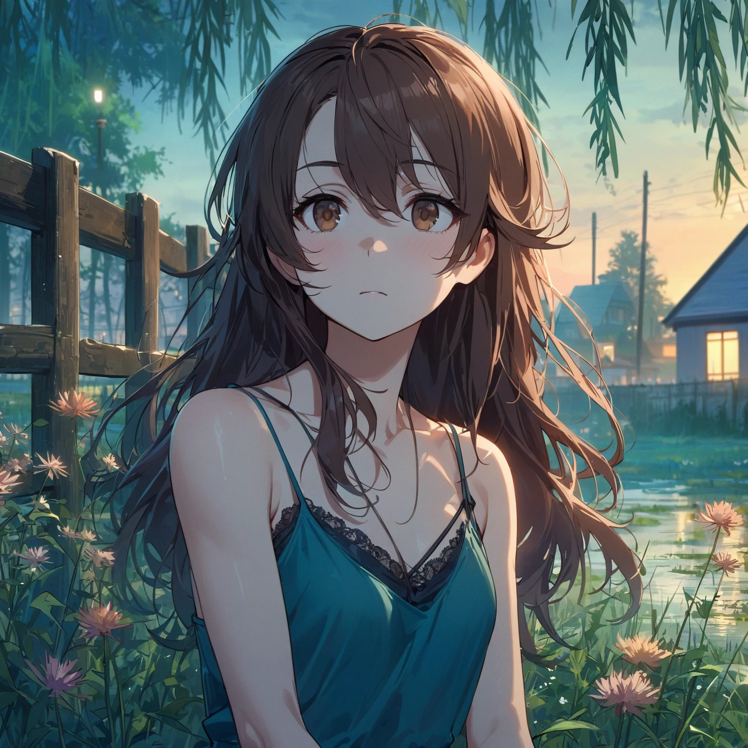 Best quality, masterpiece, stoic, brown eyes, brown hair, very long hair, spaghetti strap teal shirt, swept bangs, jeans, black combat boots, outdoors, weeds, fence, flowers, field, building, small breasts, toned arms, dusk, lights, swamp, willow trees, weeds, fence,