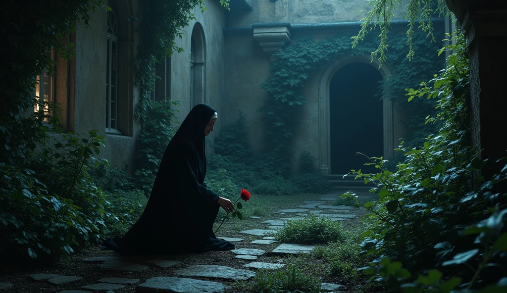 A secluded garden within the monastery, with the Nun of Monza kneeling by a hidden grave at night. The moon casts an eerie glow over the scene, and the overgrown plants create an atmosphere of forgotten secrets. The nun’s face is filled with sorrow and guilt, as she places a single rose on the grave
