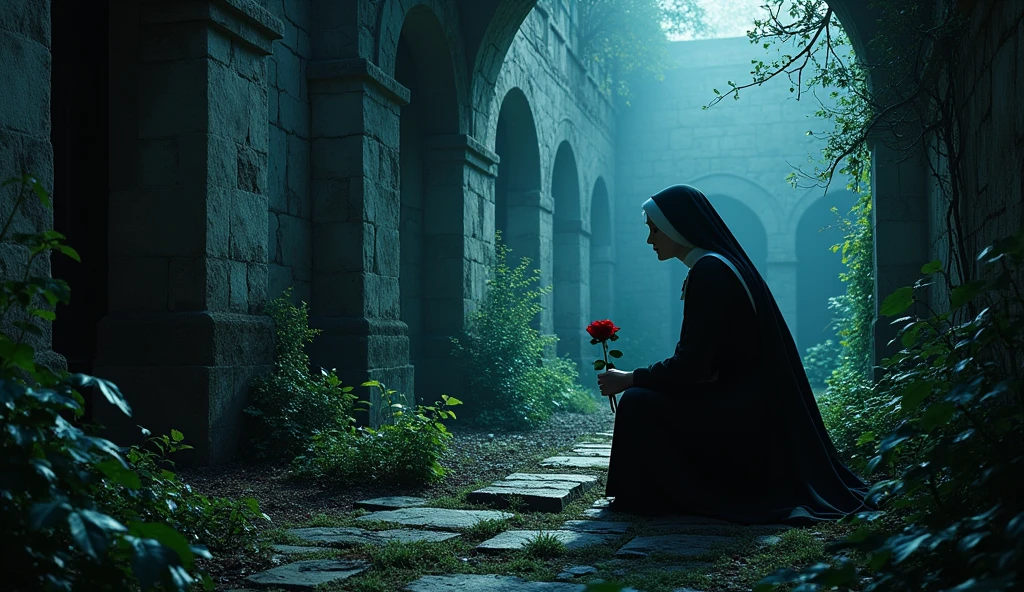 A secluded garden within the monastery, with the Nun of Monza kneeling by a hidden grave at night. The moon casts an eerie glow over the scene, and the overgrown plants create an atmosphere of forgotten secrets. The nun’s face is filled with sorrow and guilt, as she places a single rose on the grave