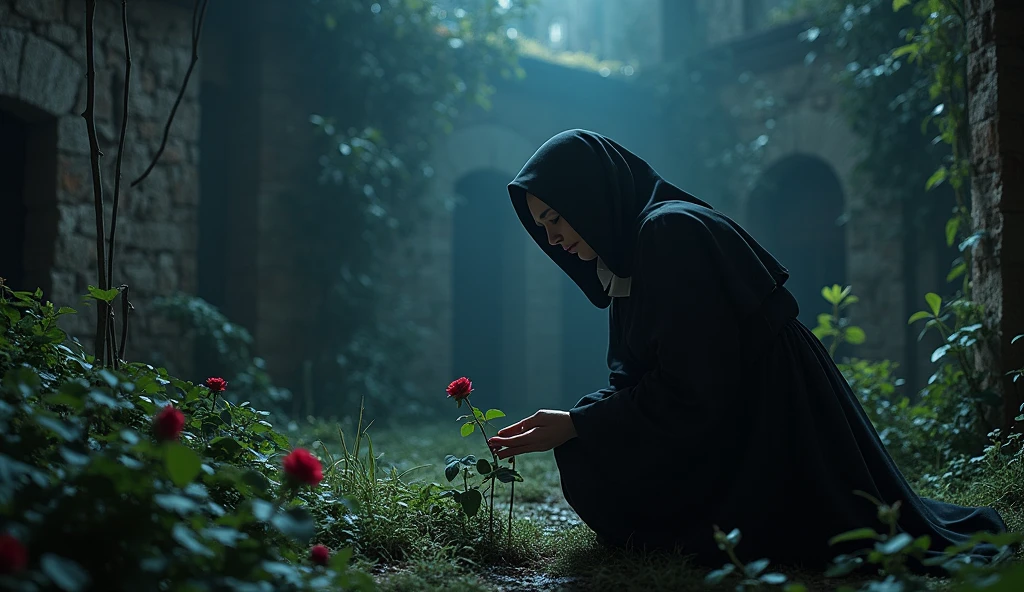 A secluded garden within the monastery, with the Nun of Monza kneeling by a hidden grave at night. The moon casts an eerie glow over the scene, and the overgrown plants create an atmosphere of forgotten secrets. The nun’s face is filled with sorrow and guilt, as she places a single rose on the grave