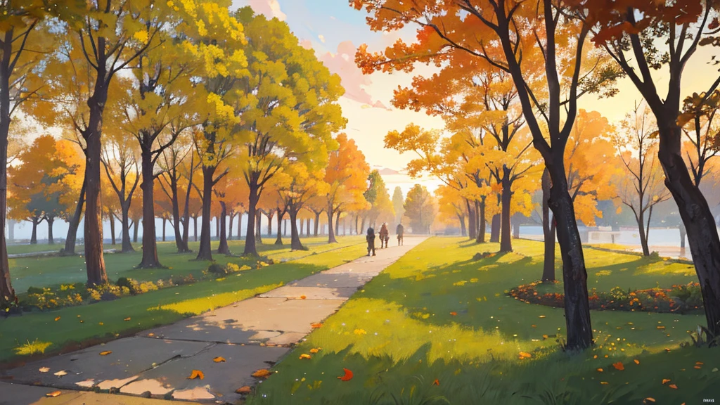 ((detailed anime style masterpiece)), sunset, park in tokyo, a top view to a Ghibli style, a bench in a park, people walking around, beautiful evening atmosphere, beautiful trees and grass, detailed pleasant clouds, several birds in the air, also leaves falling from trees, (best quality,4k,8k,highres,masterpiece:1.2), detailed grass, detailed clouds, detailed birds, detailed falling leaves, muted colors, warm lighting, golden hour
