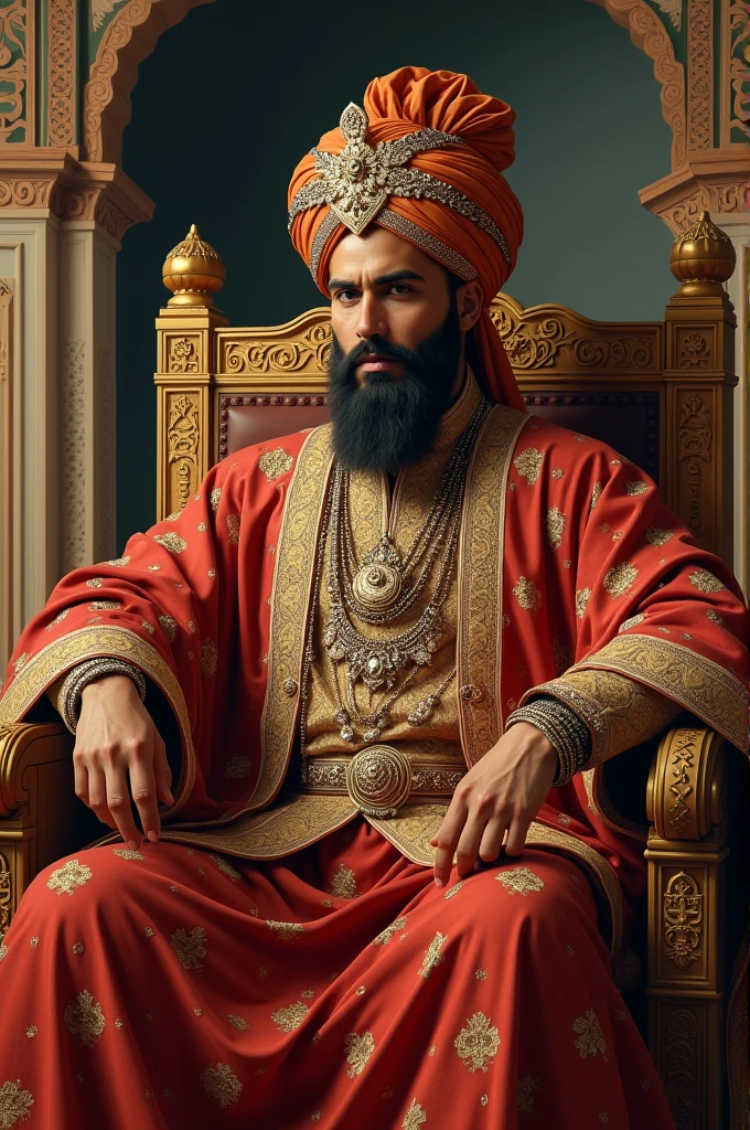 Aurangzeb alamgir siting on throne with one of his hand is point ing something
